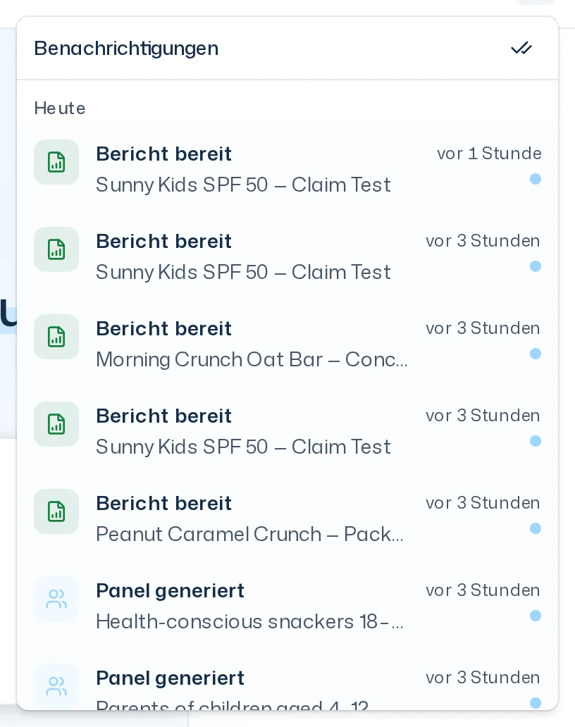 Geöffnete Liste Benachrichtigungen mit der Gruppe Heute und Einträgen wie Bericht bereit und Panel generiert, ungelesene Einträge hervorgehoben