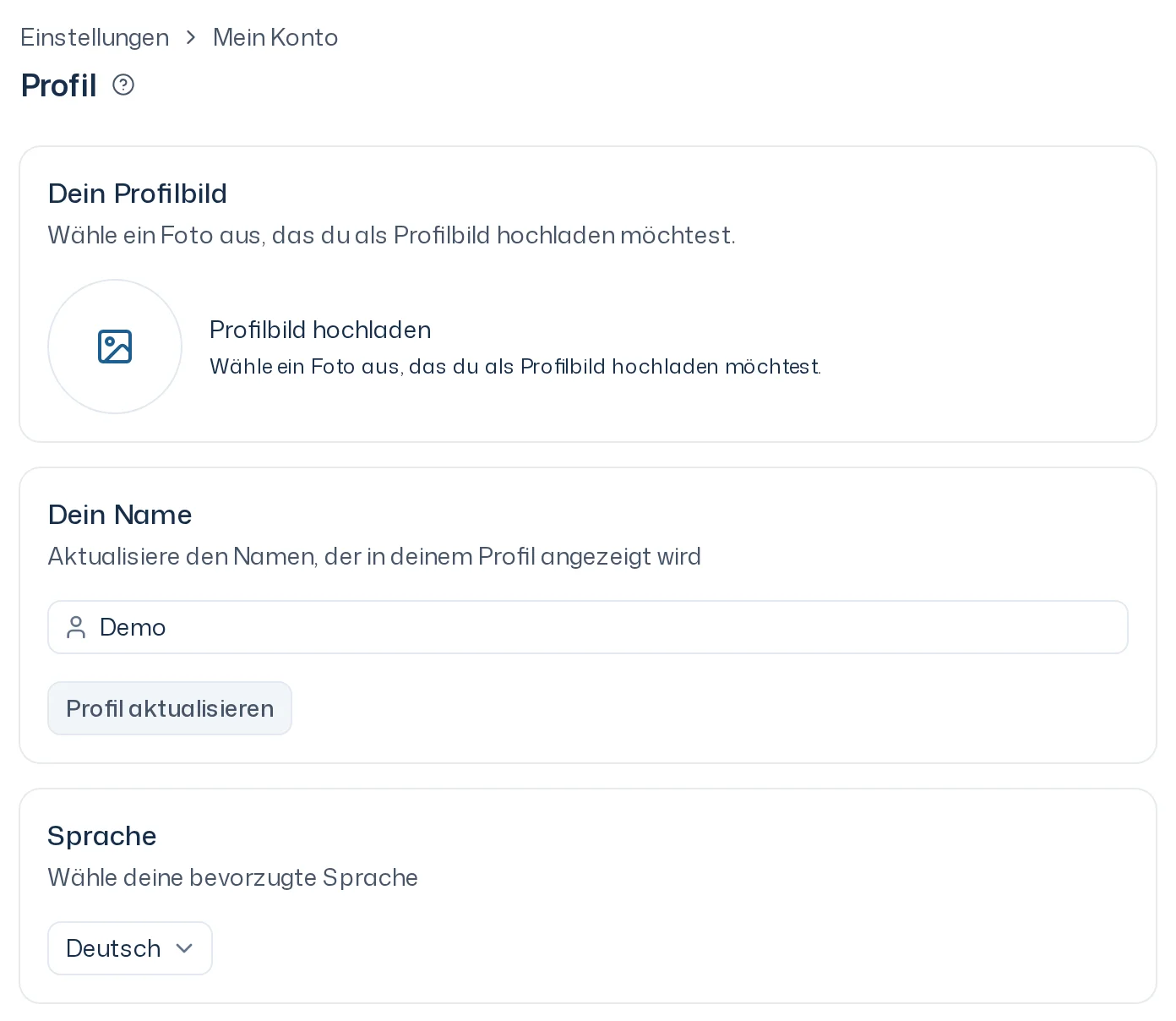 Bereich Profil mit dem Pfad Einstellungen › Mein Konto und den Karten Dein Profilbild, Dein Name und Sprache