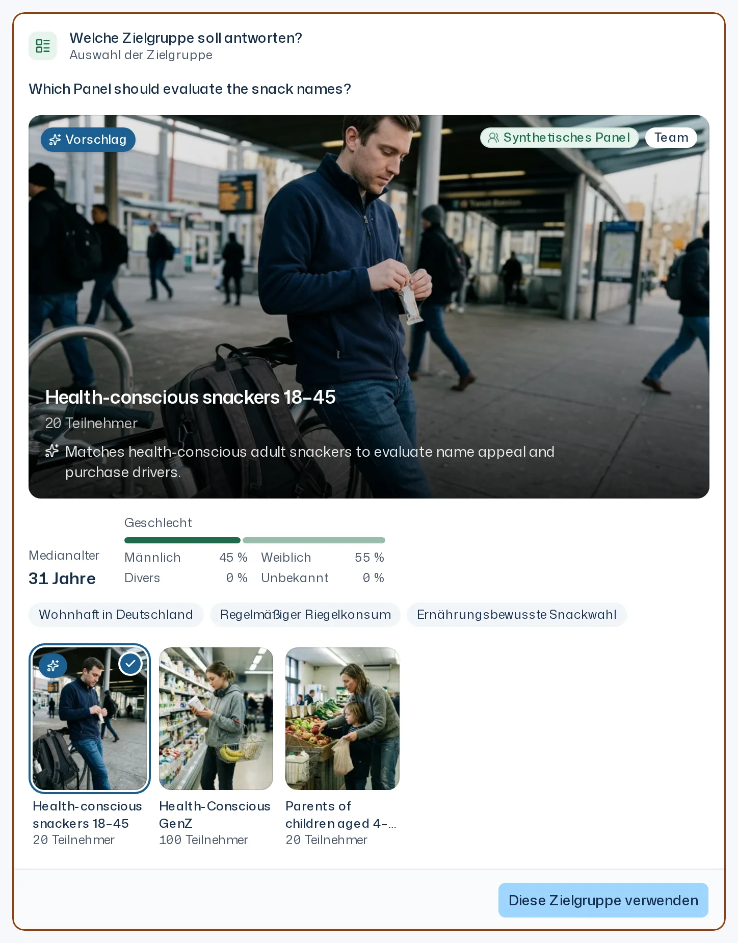 Karte Welche Zielgruppe soll antworten? im Chat mit mehreren Panels zur Auswahl, einer Begründung von Iris und der Schaltfläche Diese Zielgruppe verwenden