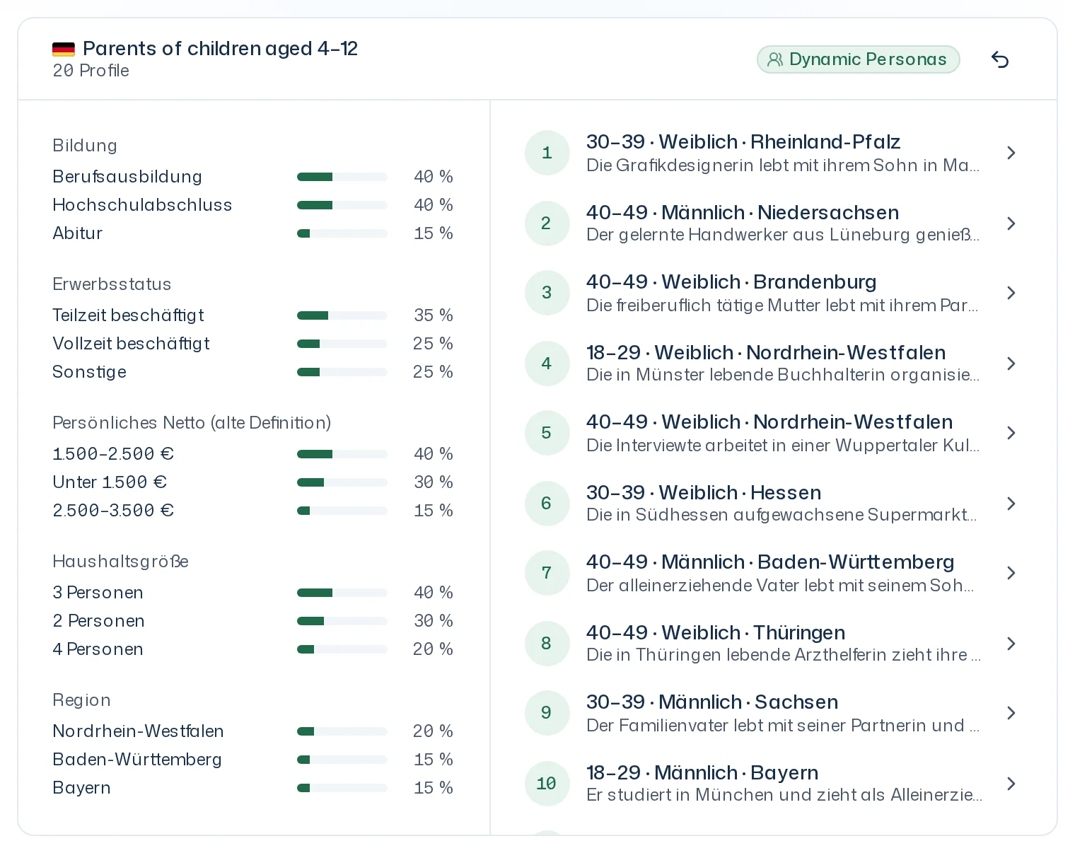 Rückseite einer Panel-Karte mit der Verteilung nach Bildung, Erwerbsstatus, Persönliches Nettoeinkommen, Haushaltsgröße und Region sowie der Liste der Profile