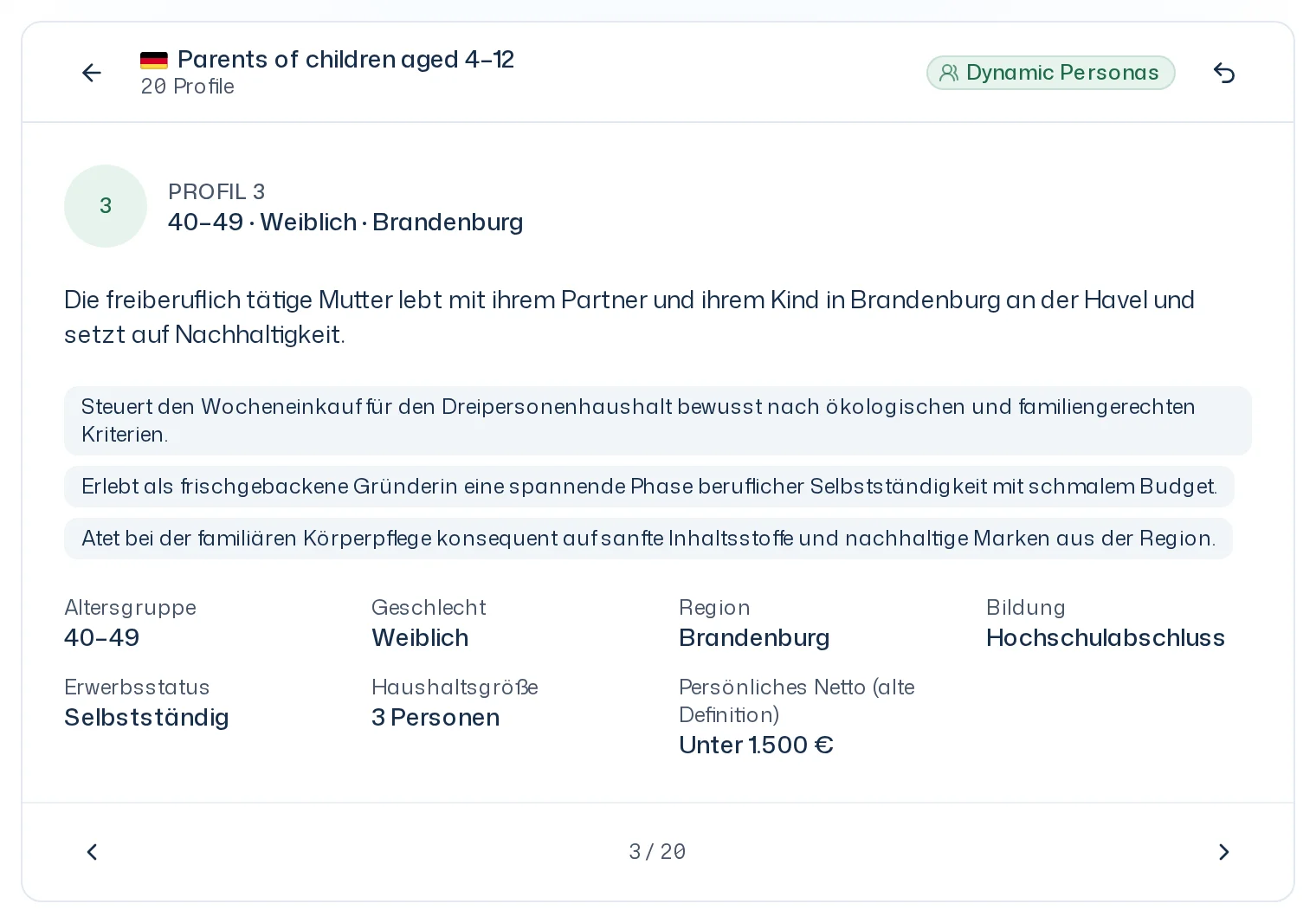 Rückseite einer Panel-Karte mit einem einzelnen Profil: Nummer, Altersgruppe, Geschlecht und Region, Kurzbiografie, Persönliche Merkmale und Merkmalsliste mit Blätterschaltflächen