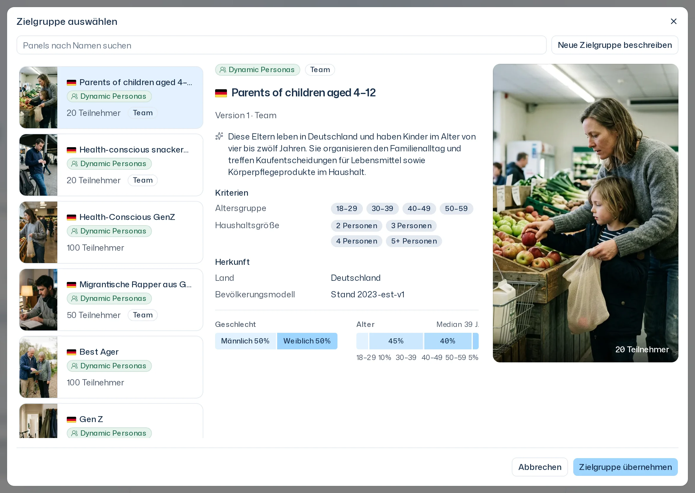 Dialog Zielgruppe auswählen mit Suchfeld und Panel-Liste links und rechts der Vorschau eines Panels mit Version, Beschreibung, Kriterien und der Schaltfläche Zielgruppe übernehmen