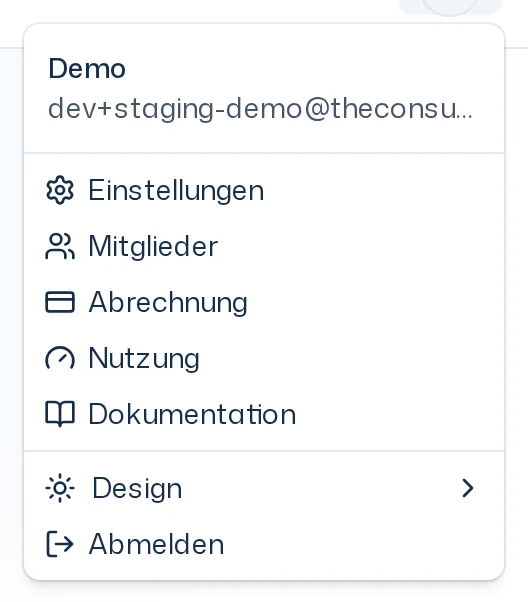 Geöffnetes Kontomenü mit Name, E-Mail-Adresse und den Einträgen Einstellungen, Mitglieder, Abrechnung, Nutzung, Dokumentation, Design und Abmelden