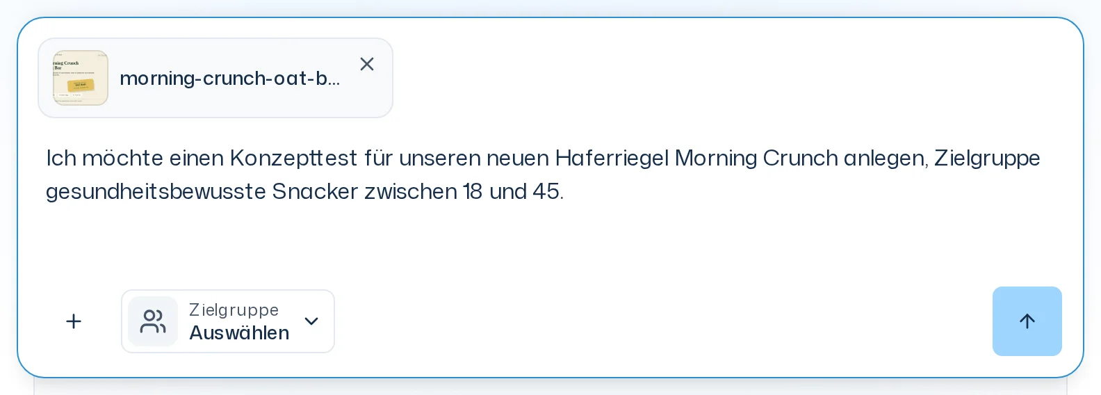 Eingabefeld der Startseite mit dem Text zum Konzepttest für Morning Crunch und dem angehängten Bild morning-crunch-oat-bar.png