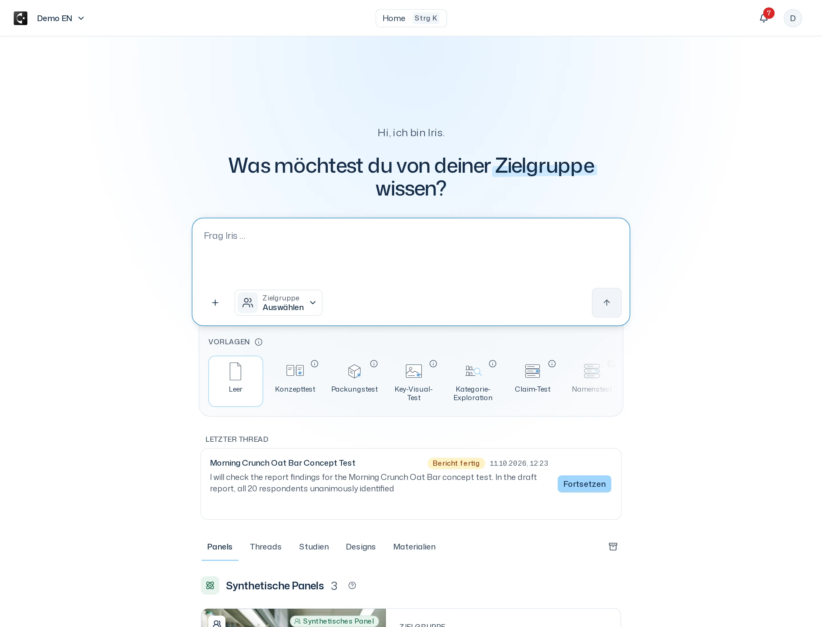 Startseite mit Begrüßung von Iris, Eingabefeld, Vorlagen-Leiste, der Karte Letzter Thread und darunter den Tabs Panels, Threads, Studien, Designs und Materialien