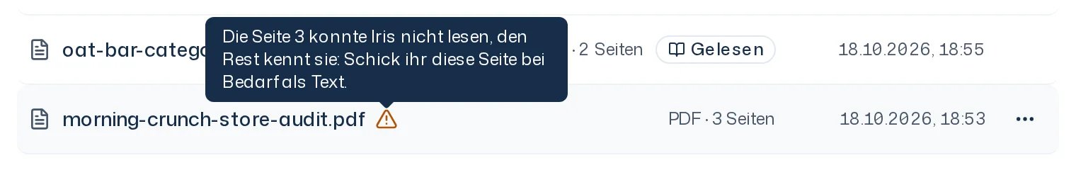 PDF im Tab Materialien mit gelbem Warnsymbol und Tooltip, der die fehlenden Seiten nennt