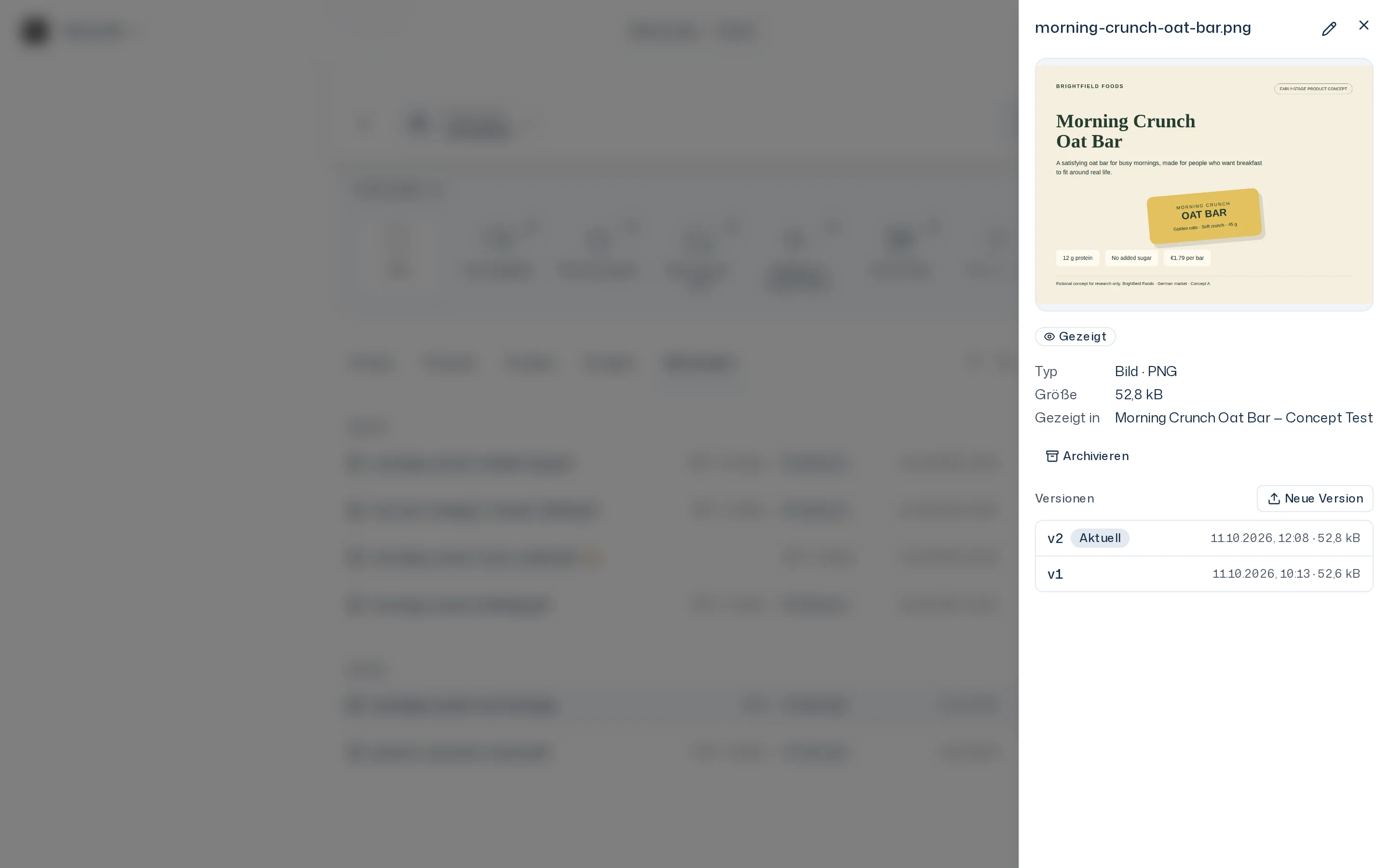 Tab Materialien mit geöffneten Details eines Team-Materials: Vorschau, Gezeigt in und Versionen mit Neue Version