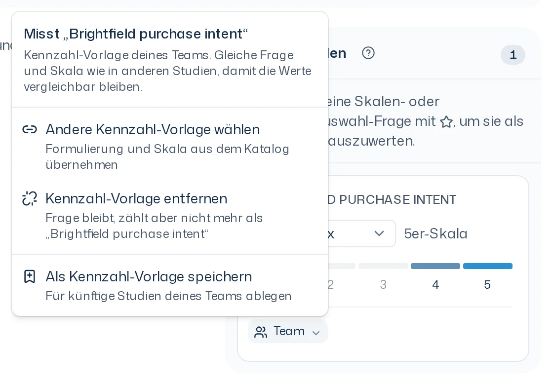 Geöffnetes Menü an der Quelle einer Kennzahl mit der Erklärung zur Vergleichbarkeit und den Einträgen Andere Kennzahl-Vorlage wählen, Kennzahl-Vorlage entfernen und Als Kennzahl-Vorlage speichern