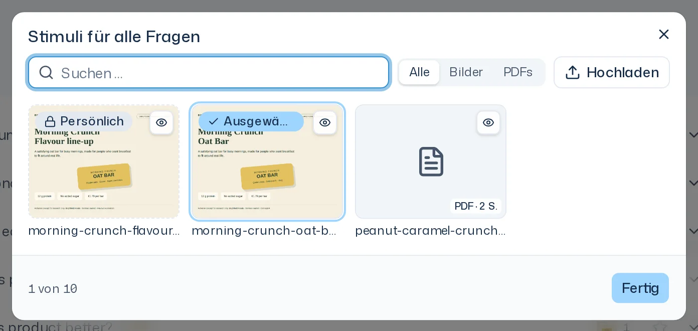 Dialog Stimuli für alle Fragen mit Suchfeld, Filter Typ, Schaltfläche Hochladen und einer Liste von Bild- und PDF-Materialien, eines davon ausgewählt