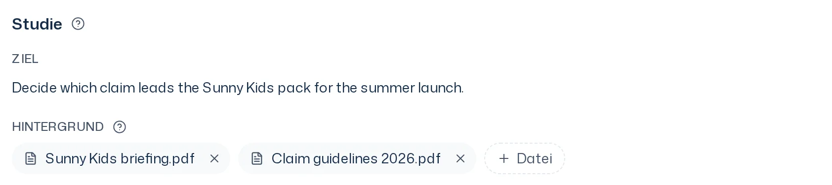 Abschnitt Studie im Dock mit dem Ziel und darunter dem Hintergrund aus zwei PDFs und dem Knopf Datei