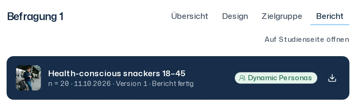 Kopf eines Berichts mit Panelbild, Panelname, n, Datum, Panelversion, Status Bericht fertig, Abzeichen Dynamic Personas und Download-Symbol