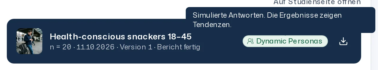 Abzeichen Dynamic Personas im Berichtskopf mit geöffnetem Hinweis Simulierte Antworten. Die Ergebnisse zeigen Tendenzen.