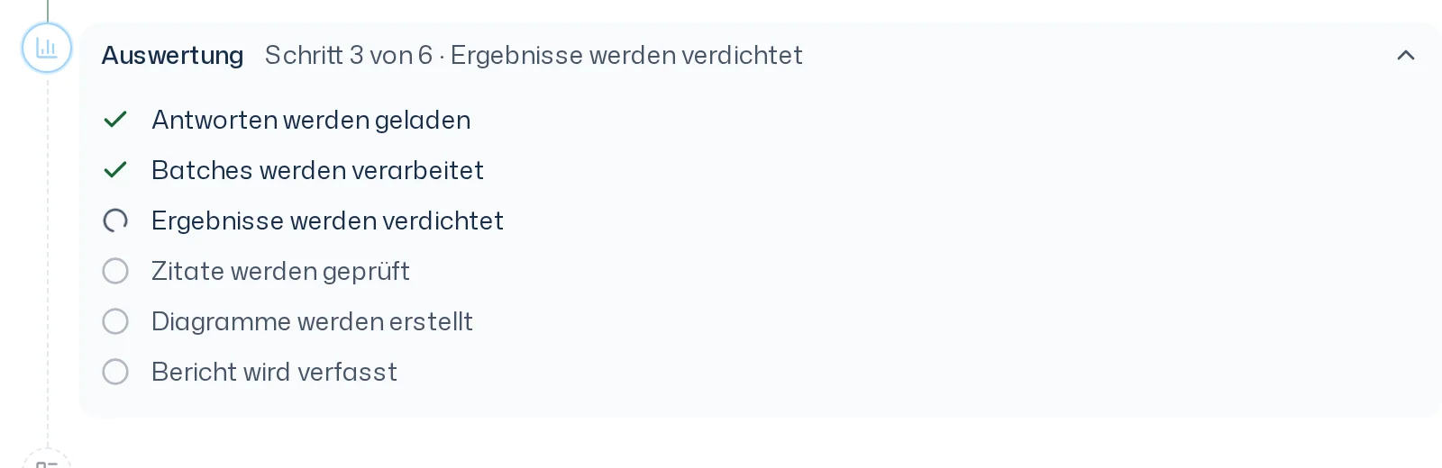 Aufgeklappter Schritt Auswertung in der Übersicht mit sechs Teilschritten, der erste in Arbeit