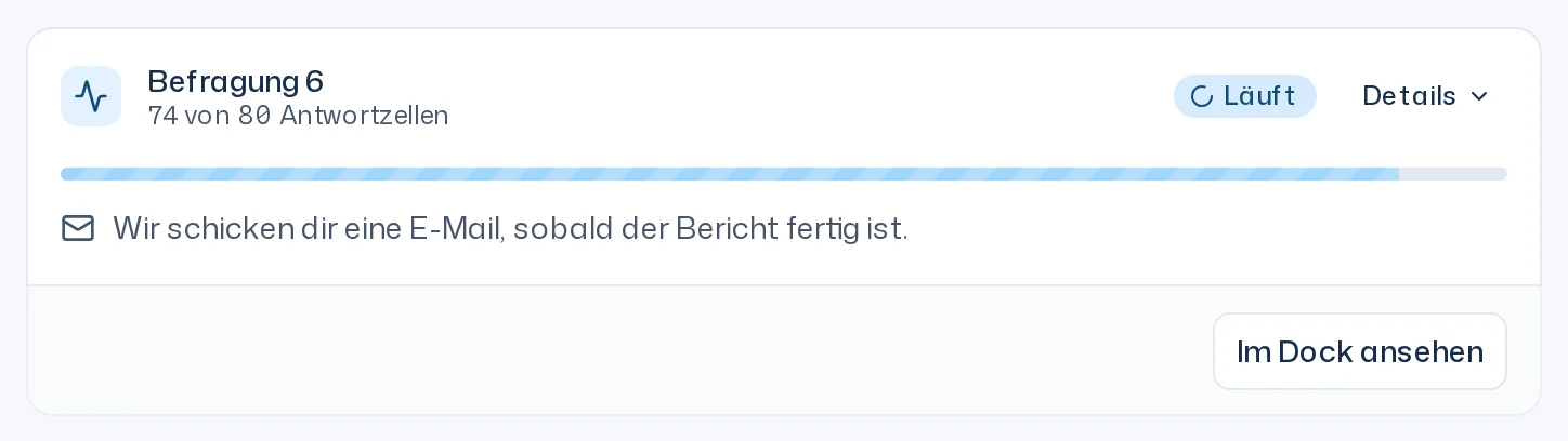 Karte Befragung 6 im Thread mit Fortschrittsbalken, Zähler der Antwortzellen und dem Hinweis auf die E-Mail zum Bericht