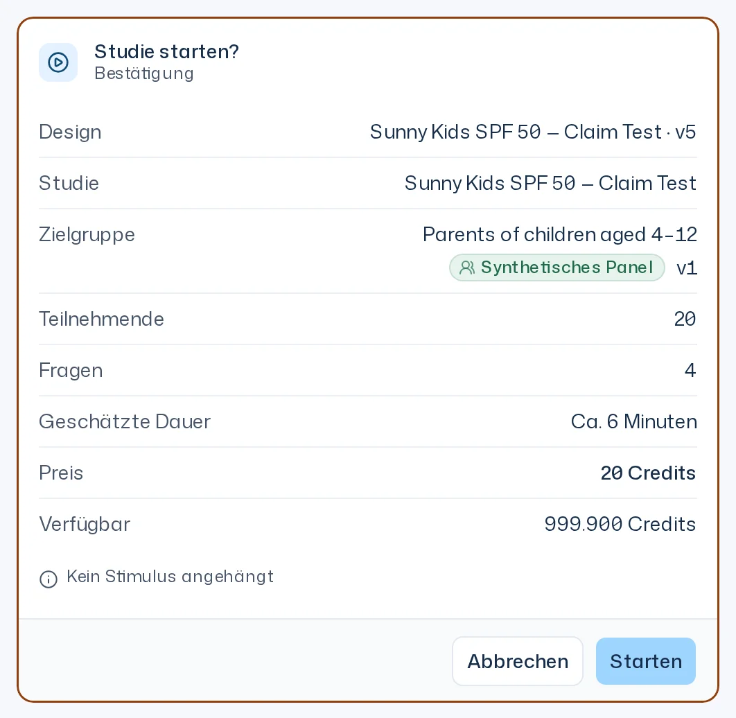 Karte Studie starten? im Chat mit Design, Studie, Zielgruppe, Teilnehmenden, Fragen, geschätzter Dauer, Preis und verfügbaren Credits sowie den Buttons Abbrechen und Starten
