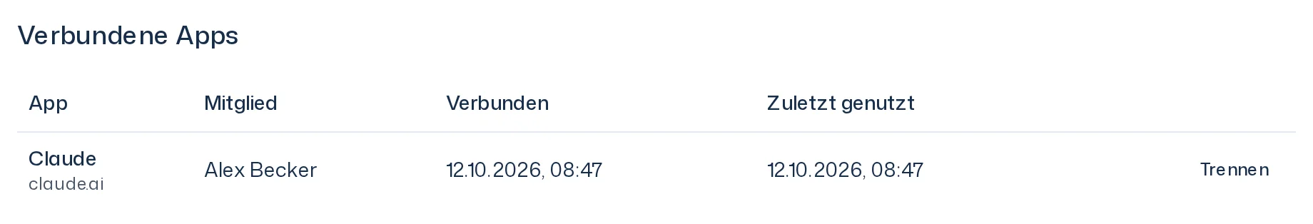 Abschnitt Verbundene Apps mit einer Zeile Claude, dem Mitglied, dem Datum der Verbindung, der letzten Nutzung und dem Button Trennen