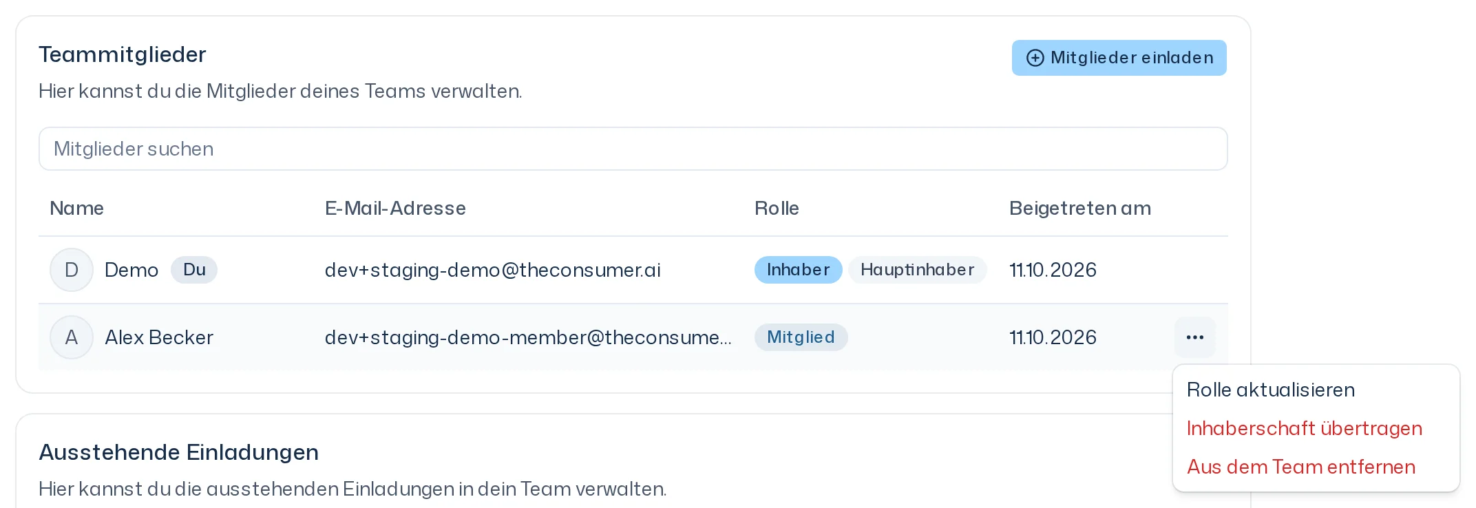 Geöffnetes Menü einer Mitgliederzeile mit Rolle aktualisieren, Inhaberschaft übertragen und Aus dem Team entfernen