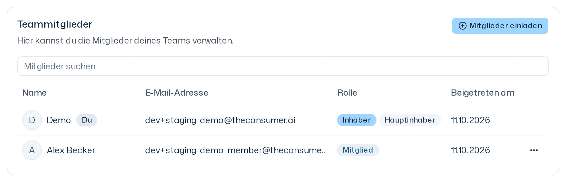 Karte Teammitglieder mit Suchfeld und einer Tabelle aus zwei Personen: eine Inhaberin mit der Kennzeichnung Hauptinhaber und ein Mitglied