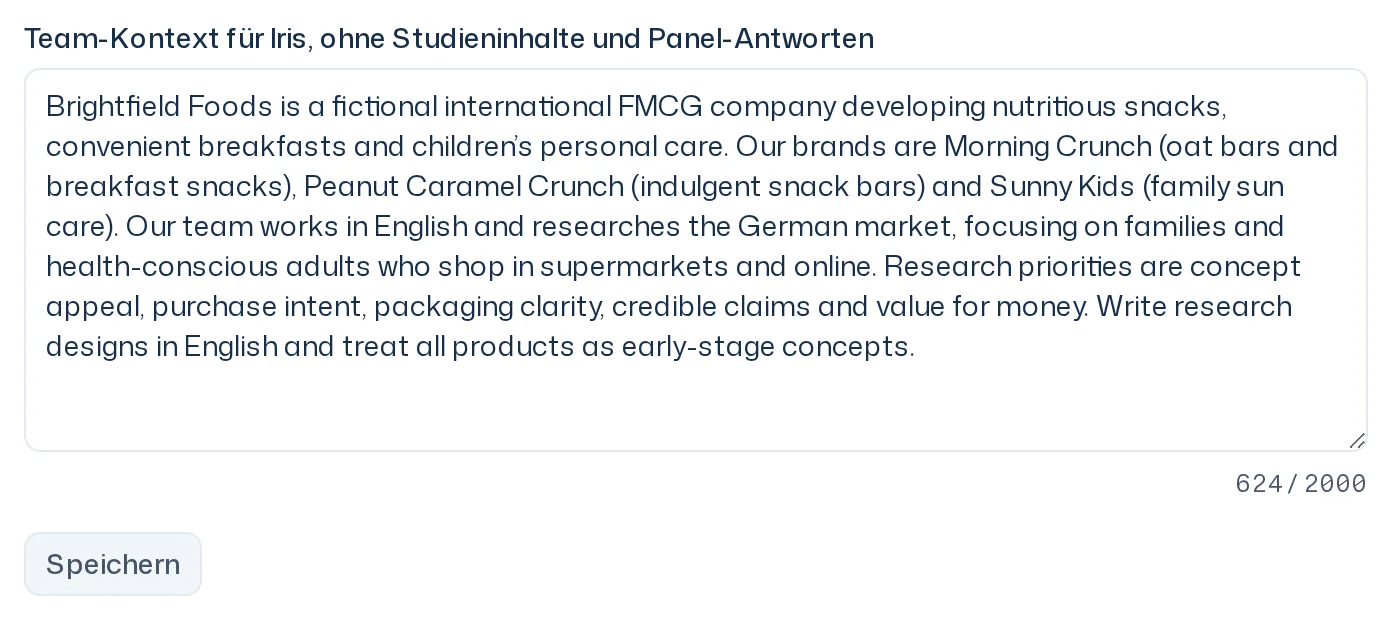Seite Team-Kontext mit einem ausgefüllten Textfeld über ein Lebensmittelunternehmen, dem Zeichenzähler und dem Button Speichern