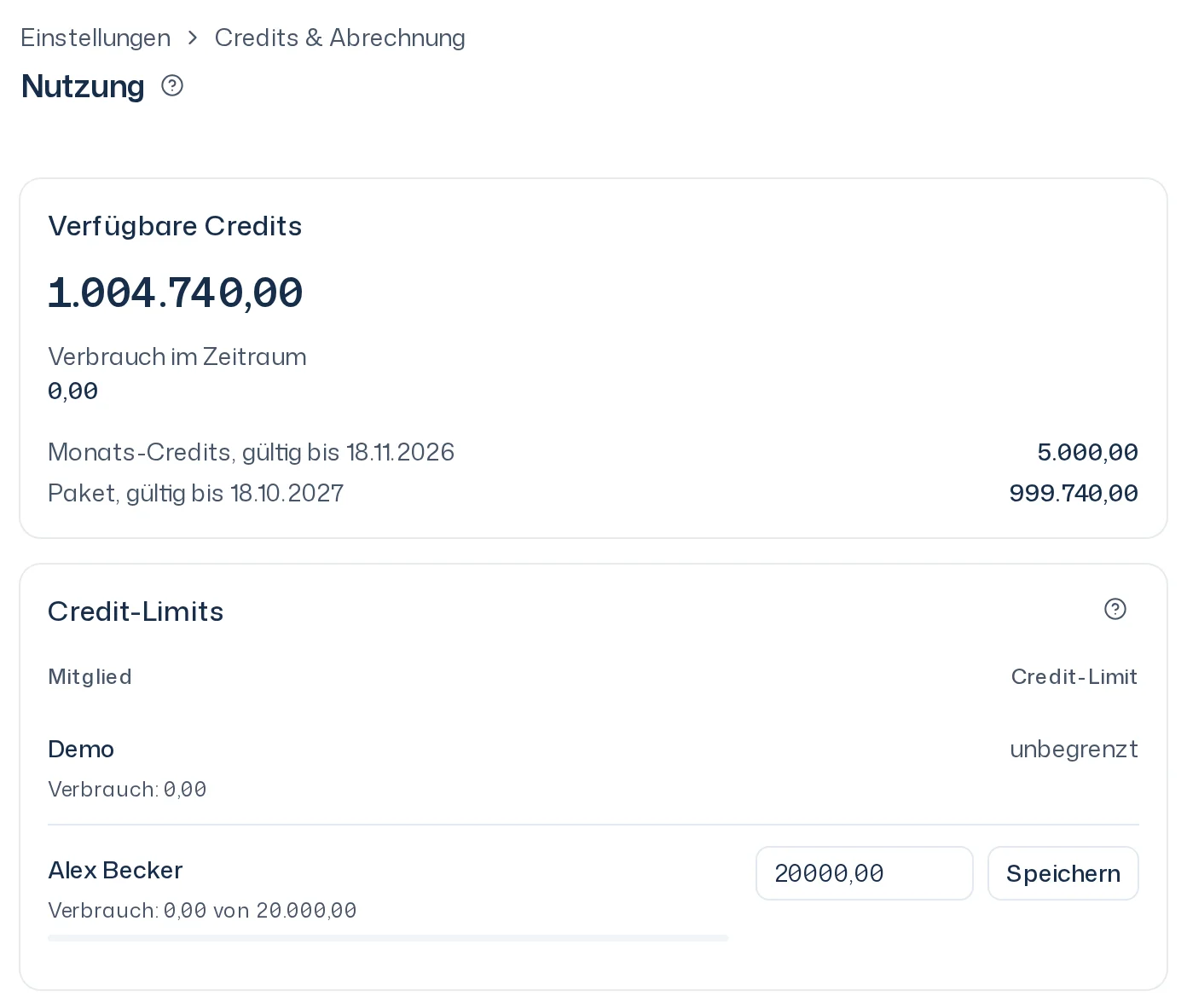 Seite Nutzung aus Sicht einer Inhaberin: Karte Verfügbare Credits mit Verbrauch im Zeitraum und darunter die Karte Credit-Limits mit einer Zeile je Person