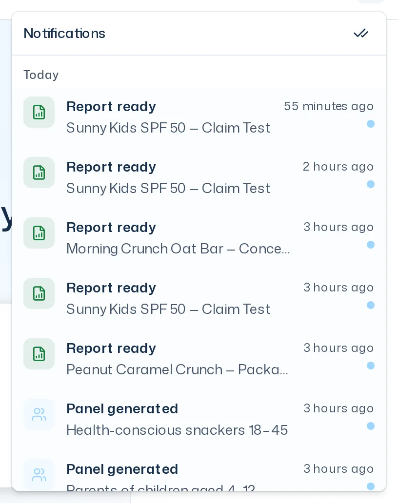 Open Notifications list with the Today group and entries such as Report ready and Panel generated, unread entries highlighted