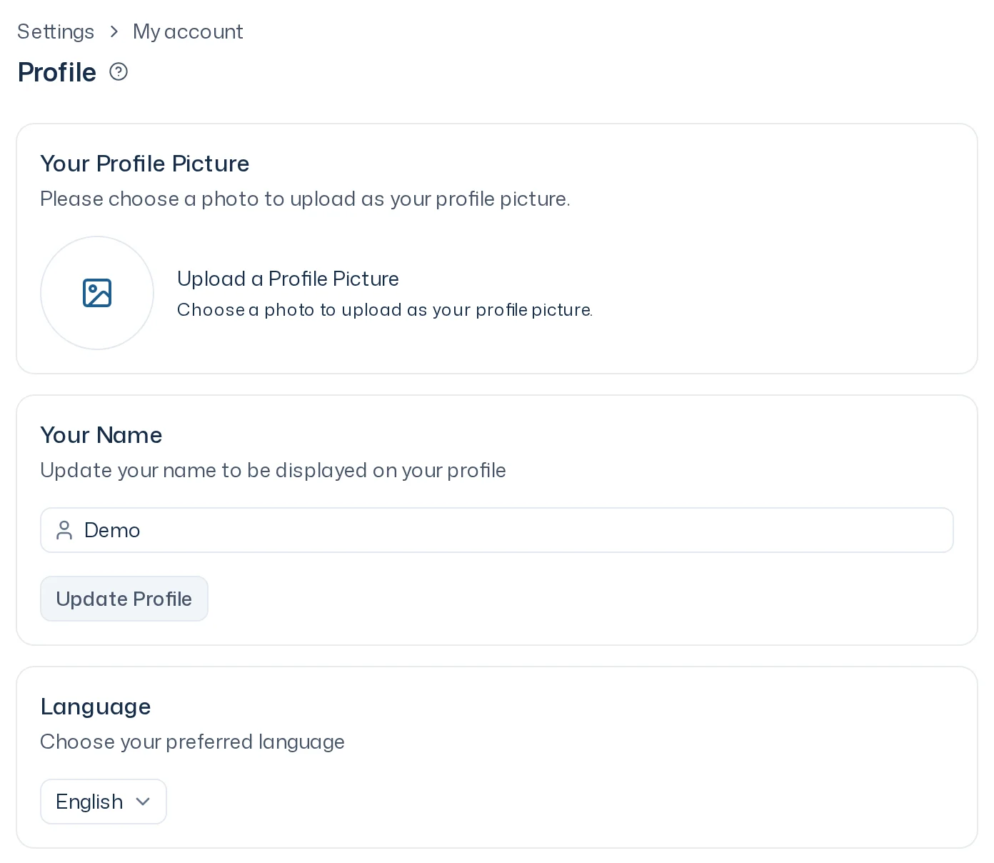 Profile area with the path Settings › My account and the cards Your Profile Picture, Your Name and Language