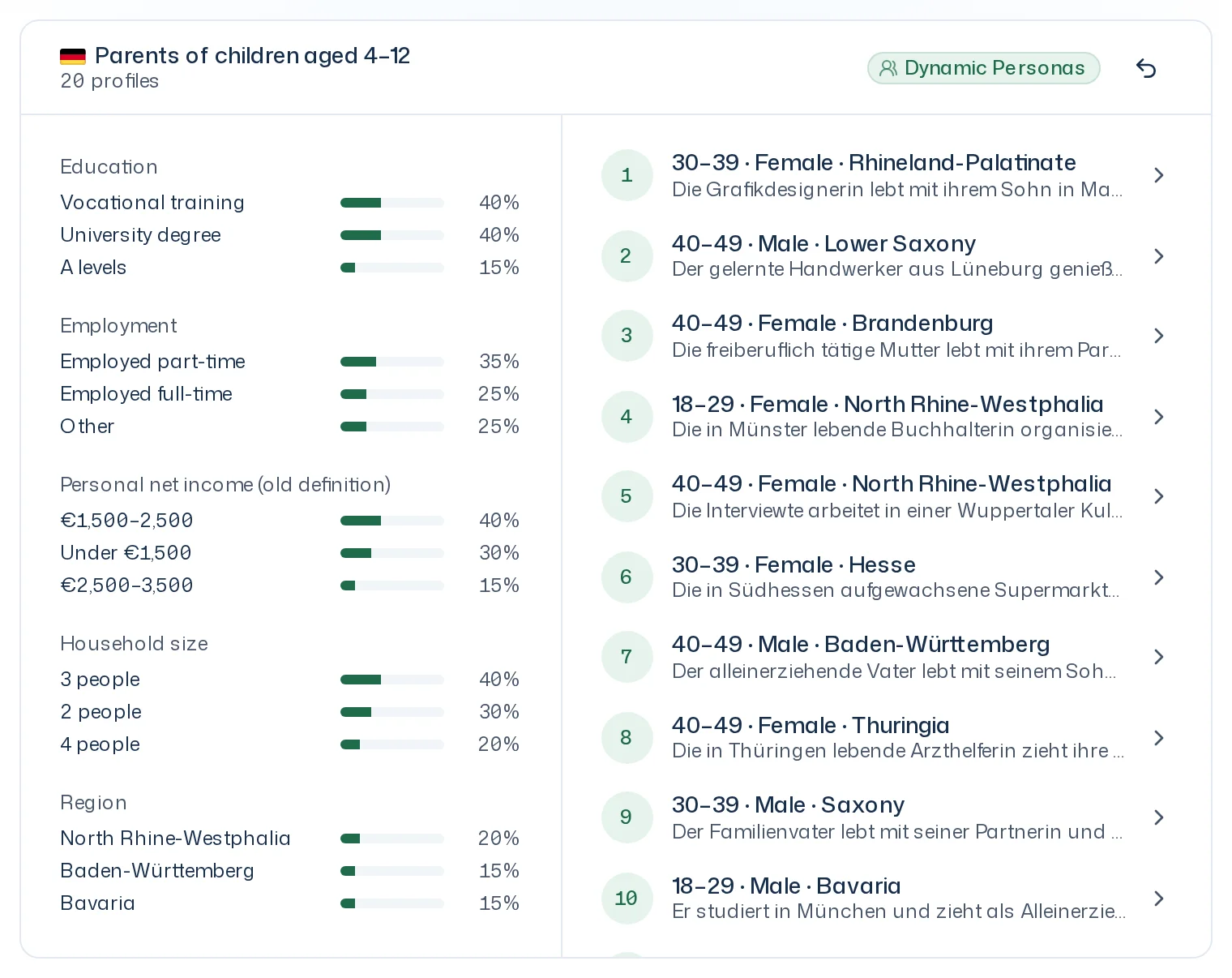 Back of a panel card with the distribution by Education, Employment, Personal net income, Household size and Region and the list of profiles