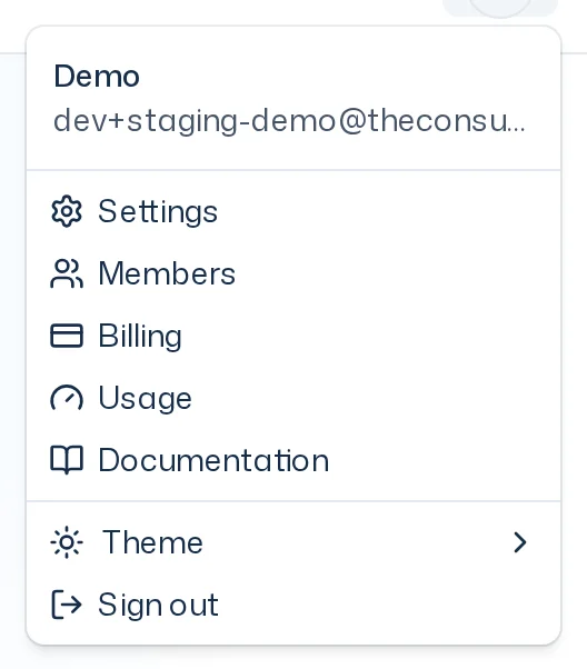 Open account menu with name, email address and the entries Settings, Members, Billing, Usage, Documentation, Theme and Sign out