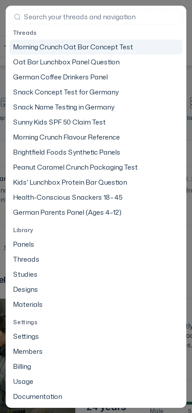 Open search with the groups Threads, Library and Settings