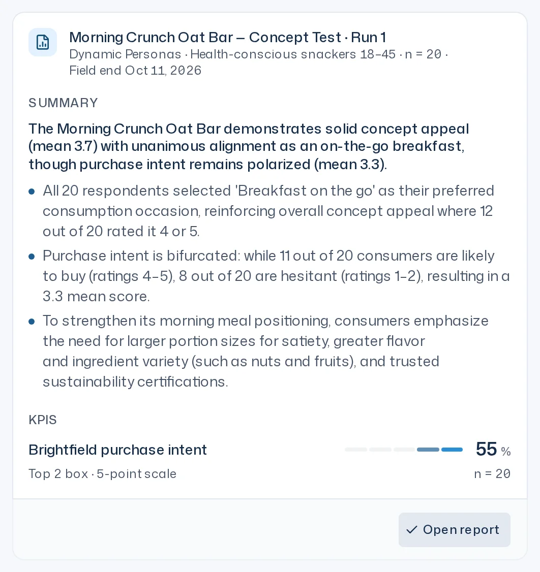 Result message in the thread with study name, Run 1, summary, KPIs and the Open report button