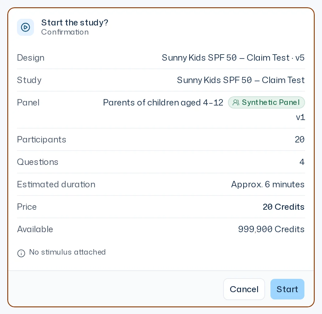 Start the study? card with design, study, panel, participants, questions, estimated duration, price in credits and the buttons Cancel and Start