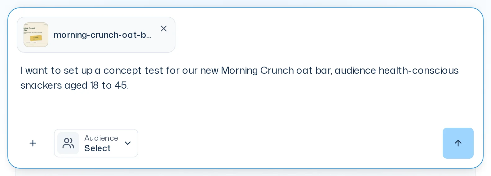 Home page input field with the concept test text for Morning Crunch and the attached image morning-crunch-oat-bar.png
