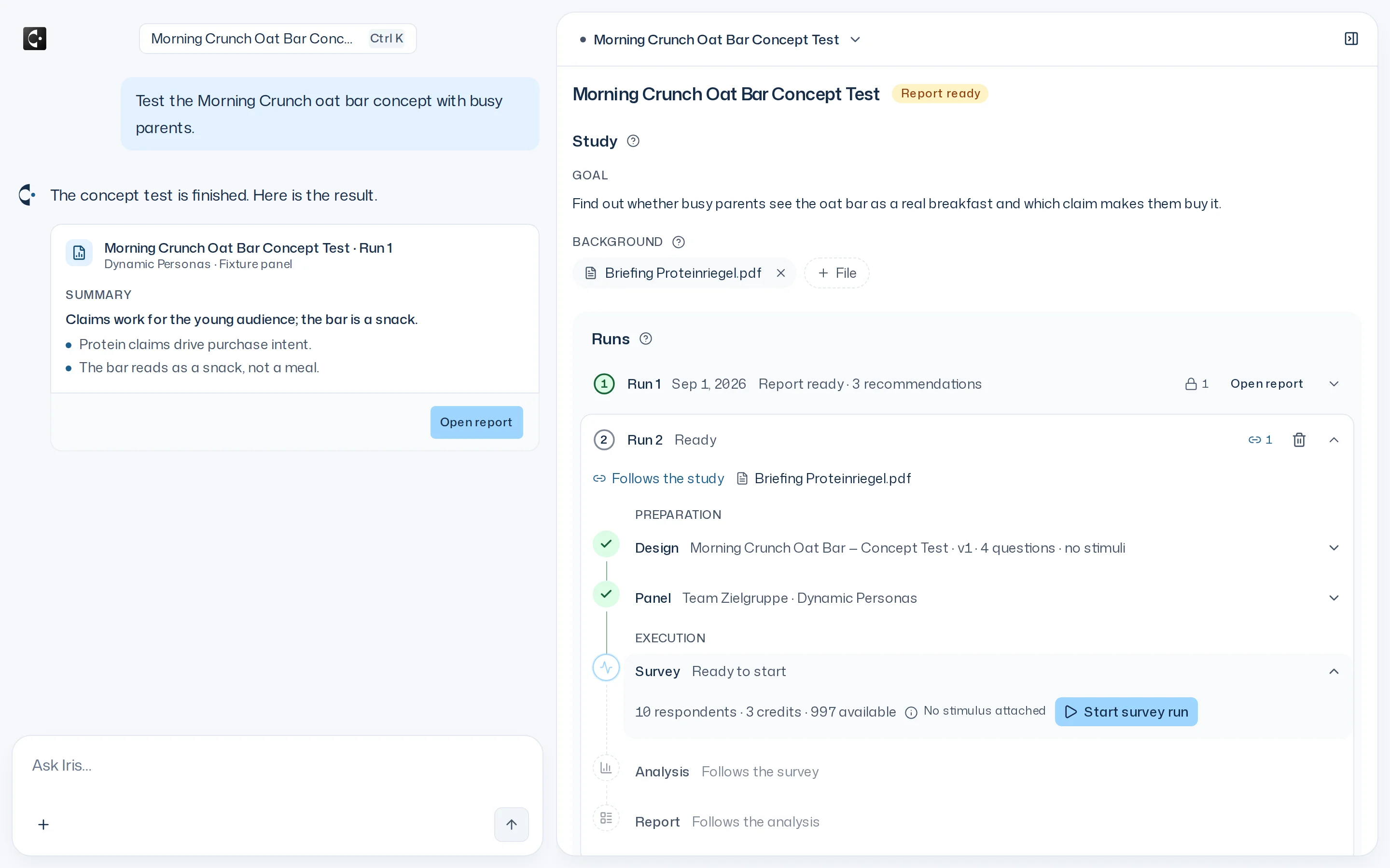 Thread with the conversation on the left and the open Dock on the right, showing a study's overview