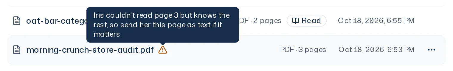 PDF in the Materials tab with a yellow warning icon and a tooltip naming the missing pages