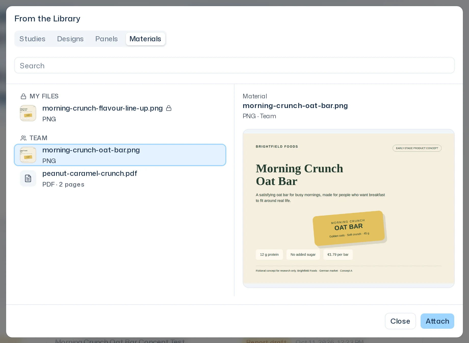 From the Library dialog on the Materials tab with the groups My files and Team and an image preview