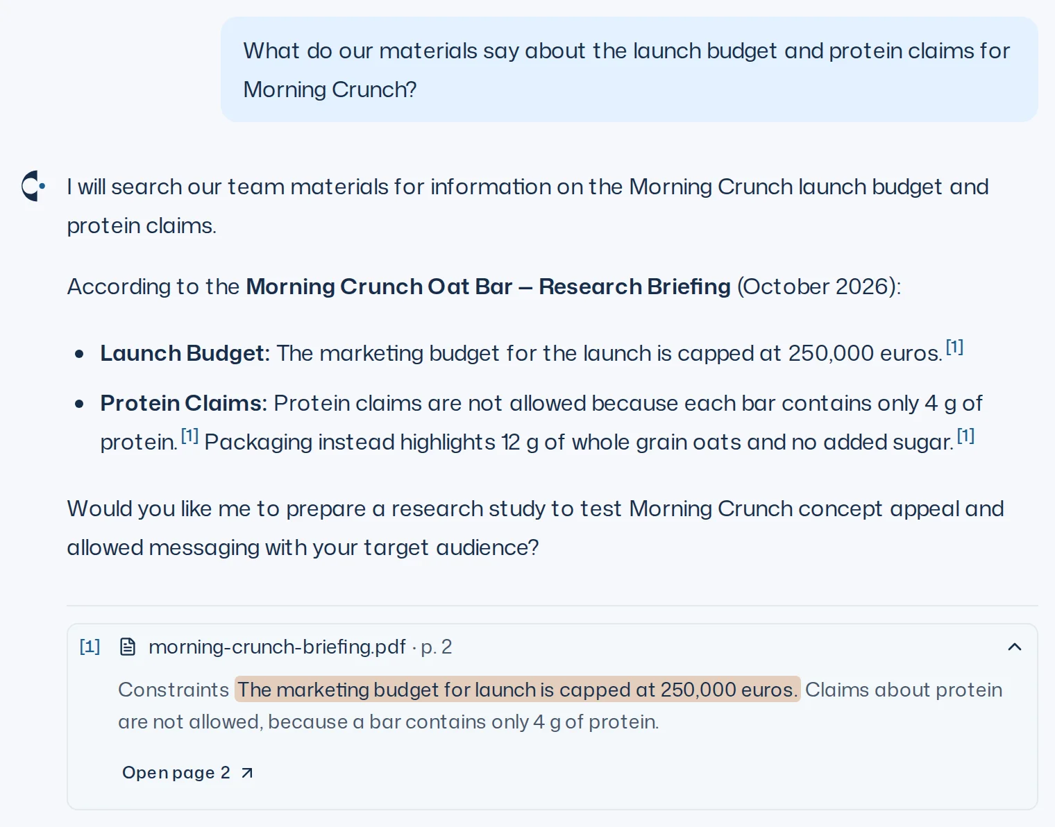 Question without an attached file and Iris' answer with a source from a team material, the source expanded with the highlighted passage