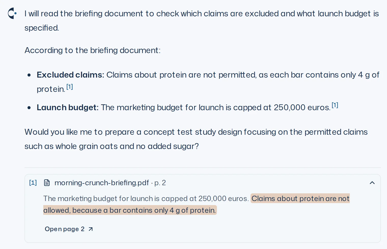 Iris' answer with footnote [1] and an expanded source: file name, page, highlighted passage and Open page 2