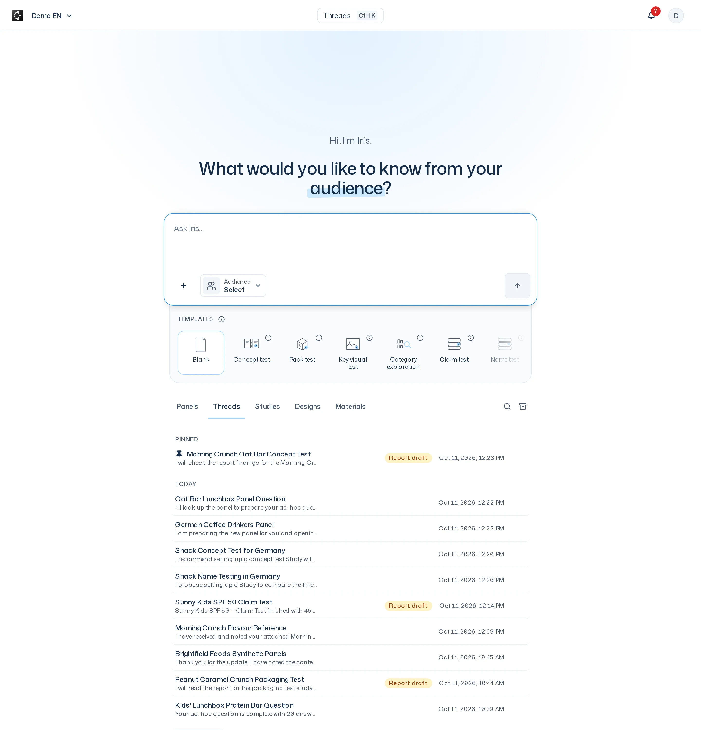 Threads tab with the search field, one pinned thread under Pinned and further threads with study status and last activity