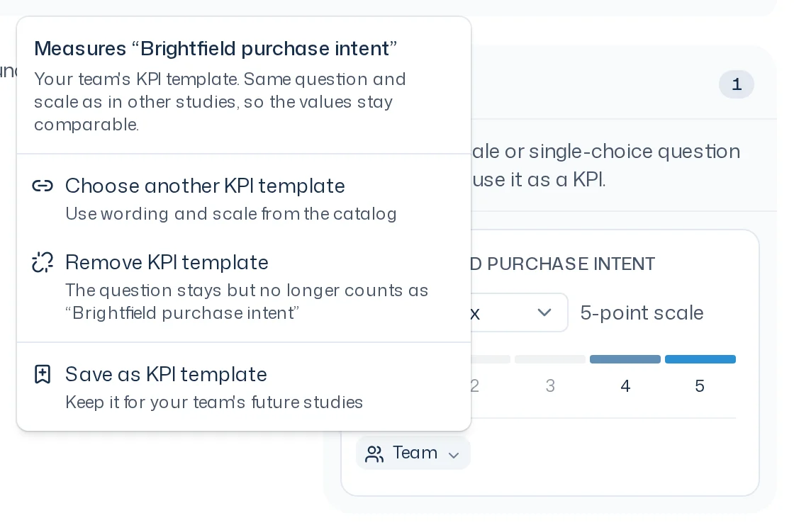 Open menu on a KPI's source with the note on comparability and the items Choose another KPI template, Remove KPI template and Save as KPI template