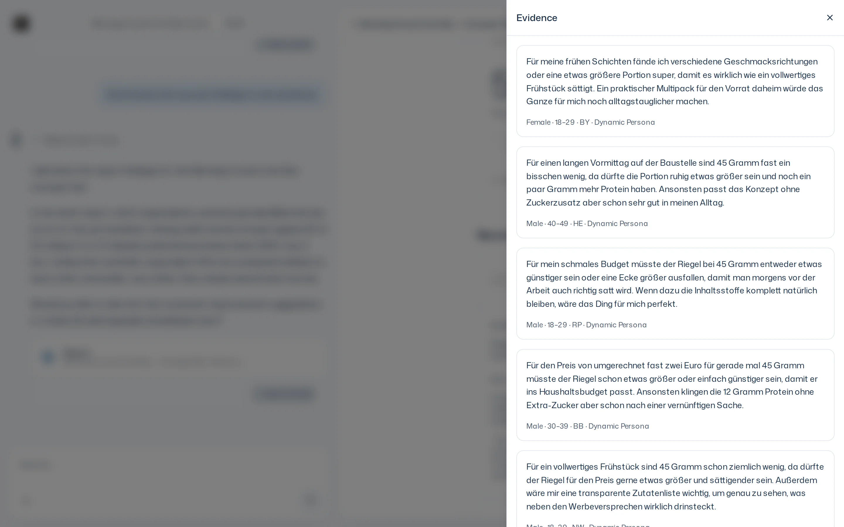 Open Evidence panel with several German quotes, each followed by the respondent's attributes