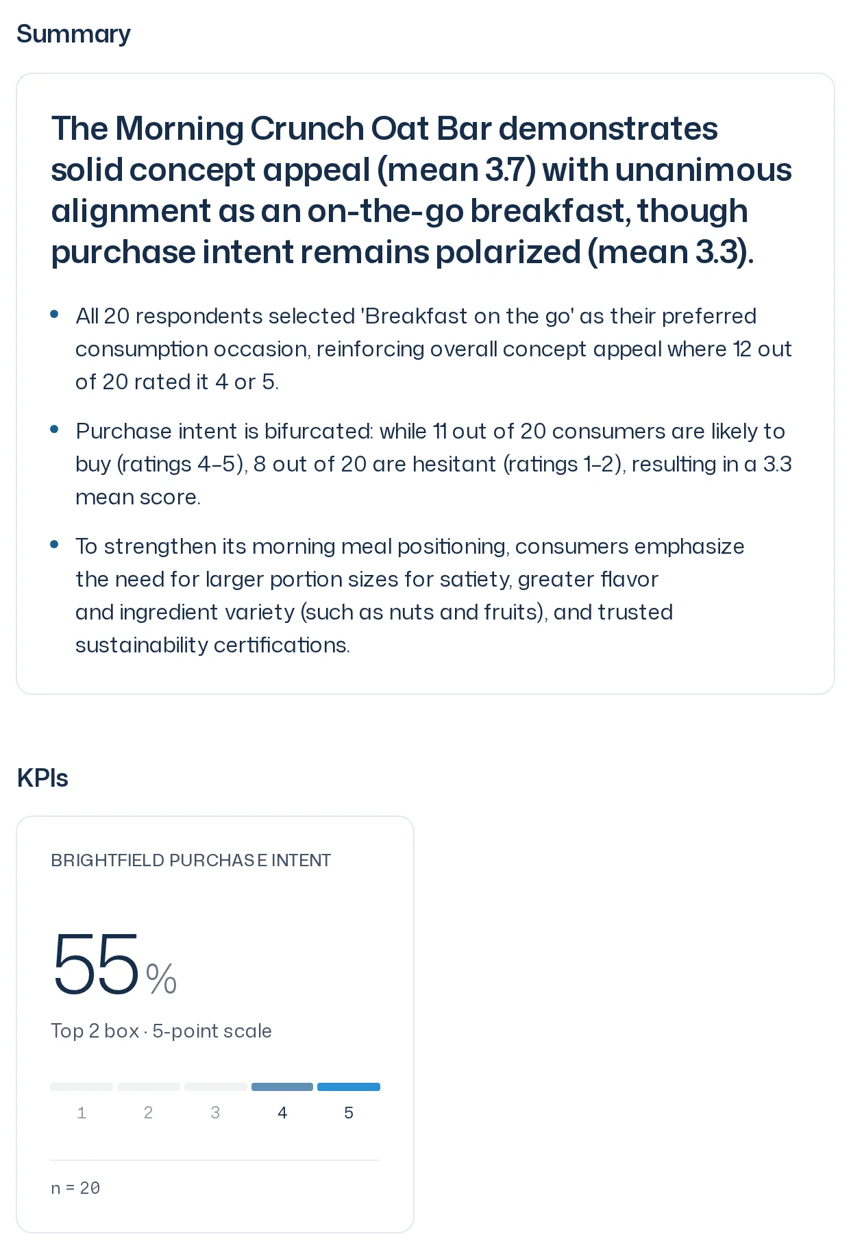 Summary with headline and bullet points, followed by a KPI card with value, calculation, scale and n