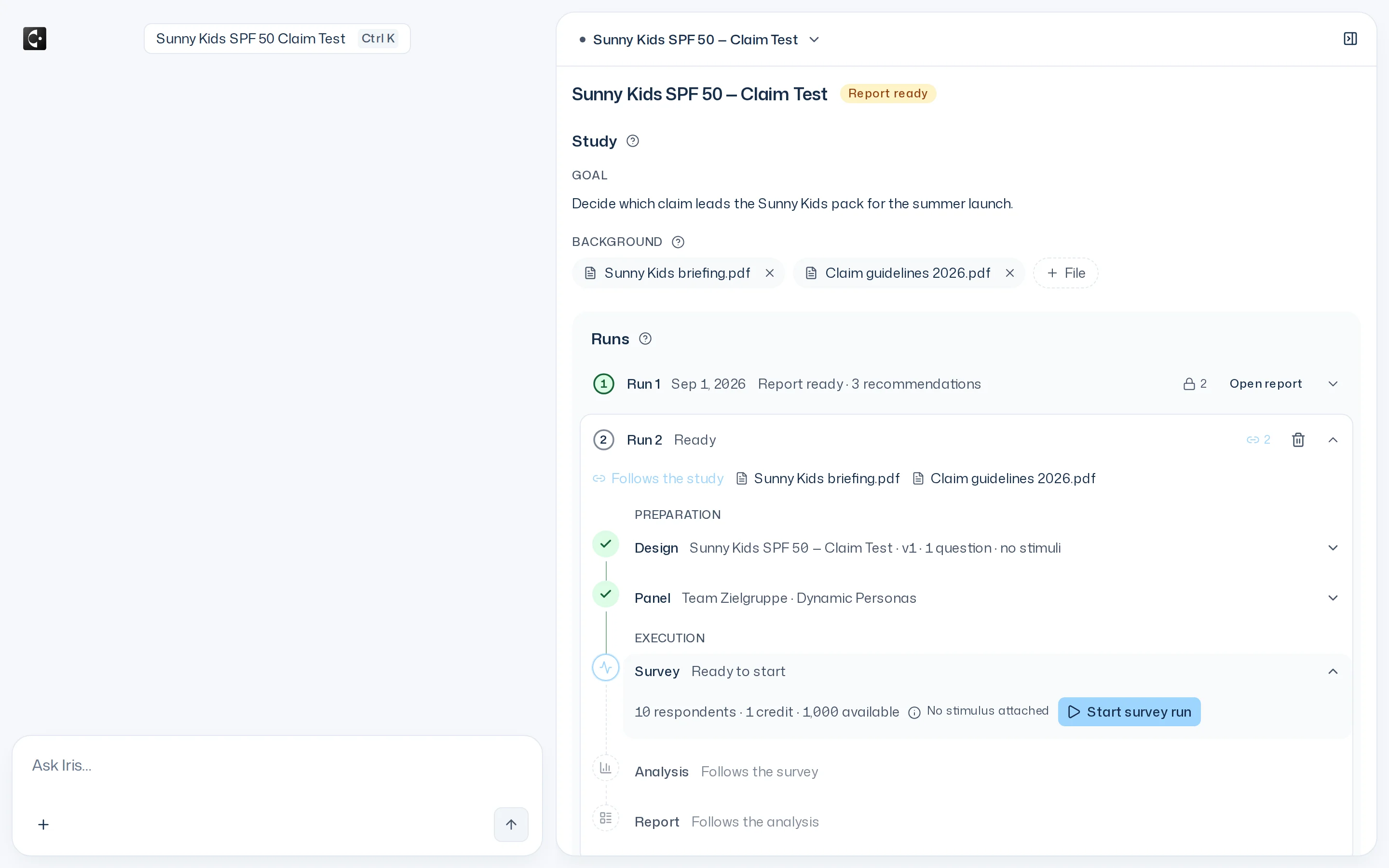 Thread with the Dock open: the chat on the left, on the right a study with the sections Study and Runs