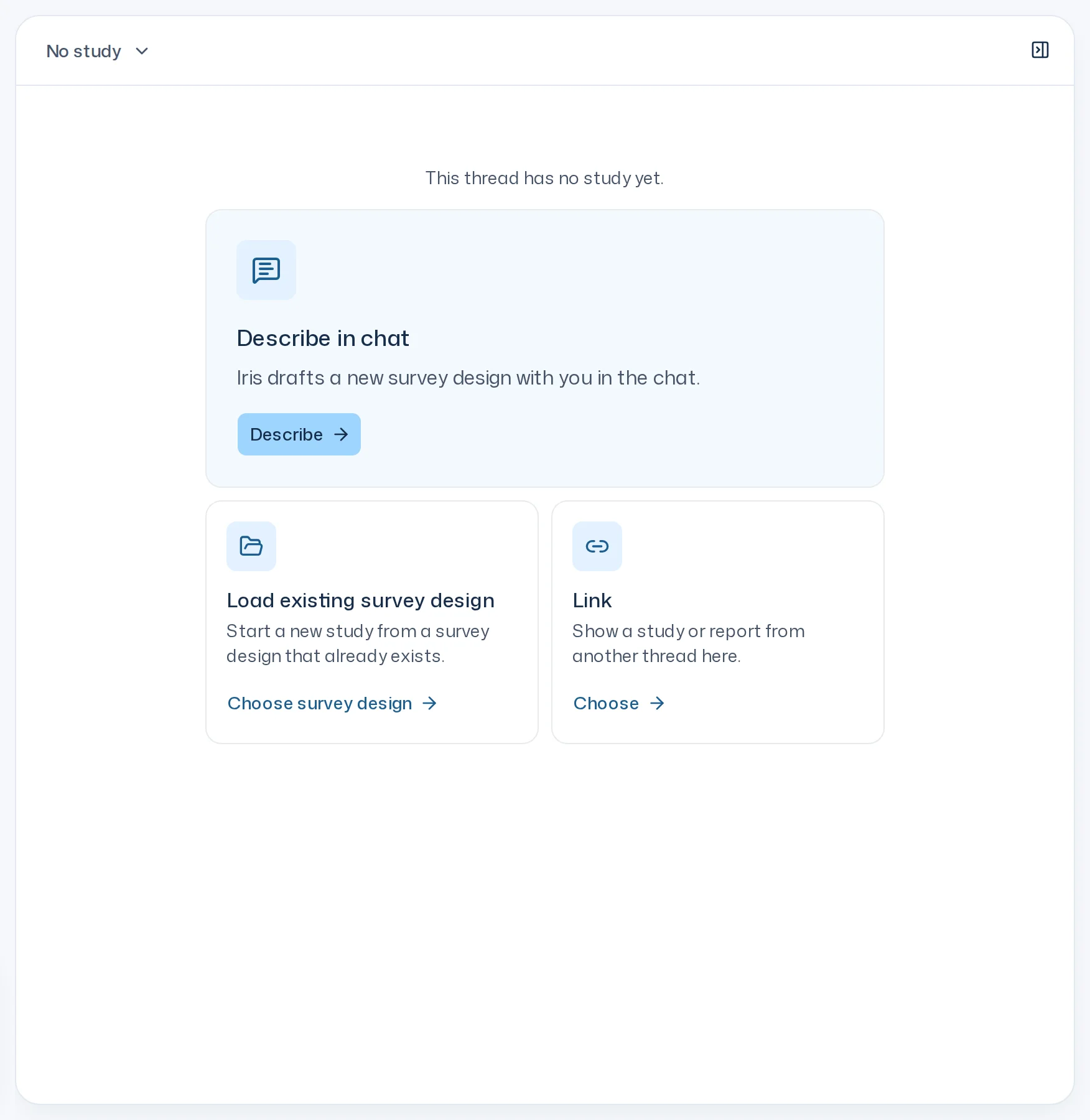 Empty Dock with the three cards Describe in chat, Load existing survey design and Link