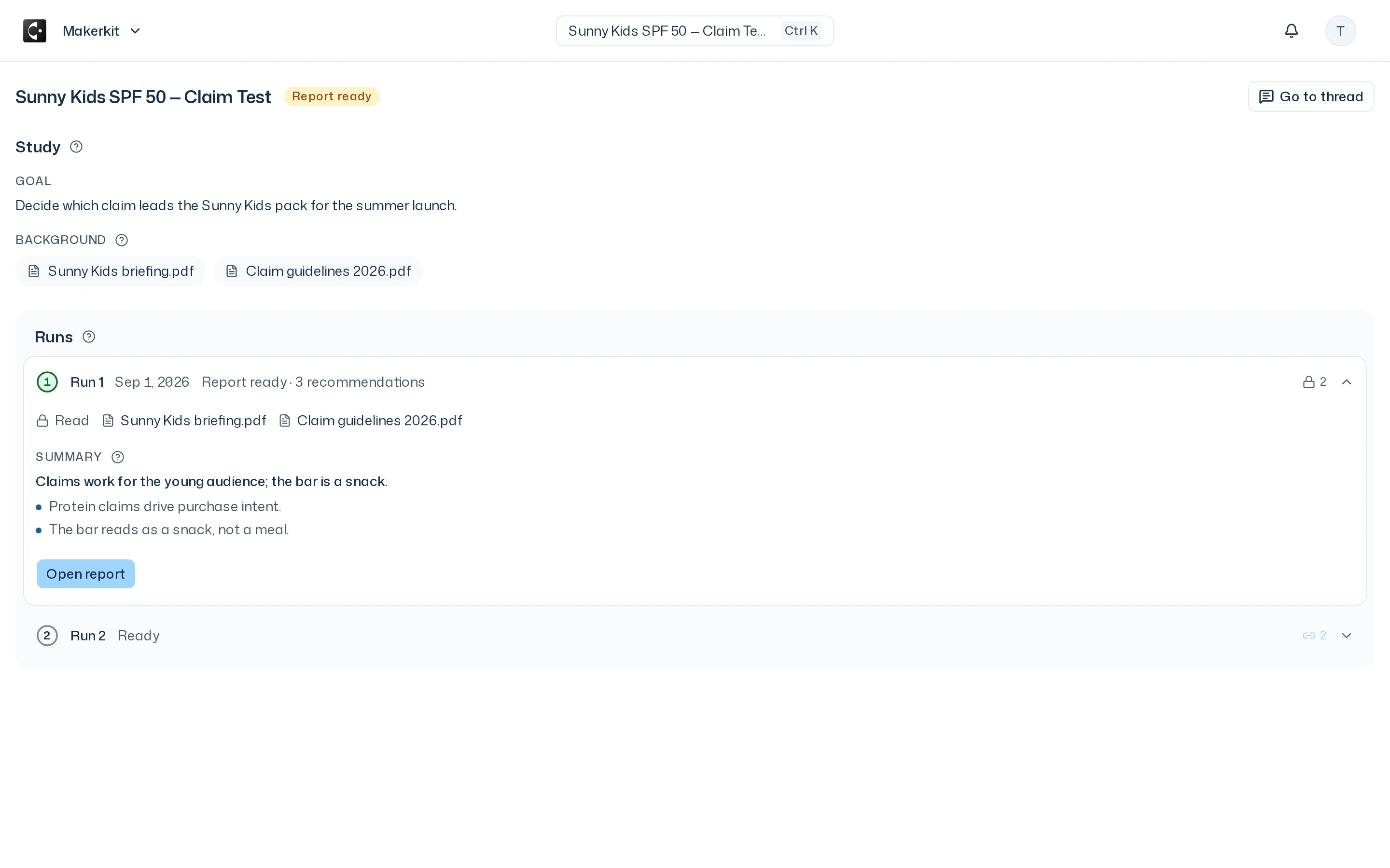 Study page with goal and background, an unfolded finished run with Read, Summary and Open report, and the Go to thread button at the top right