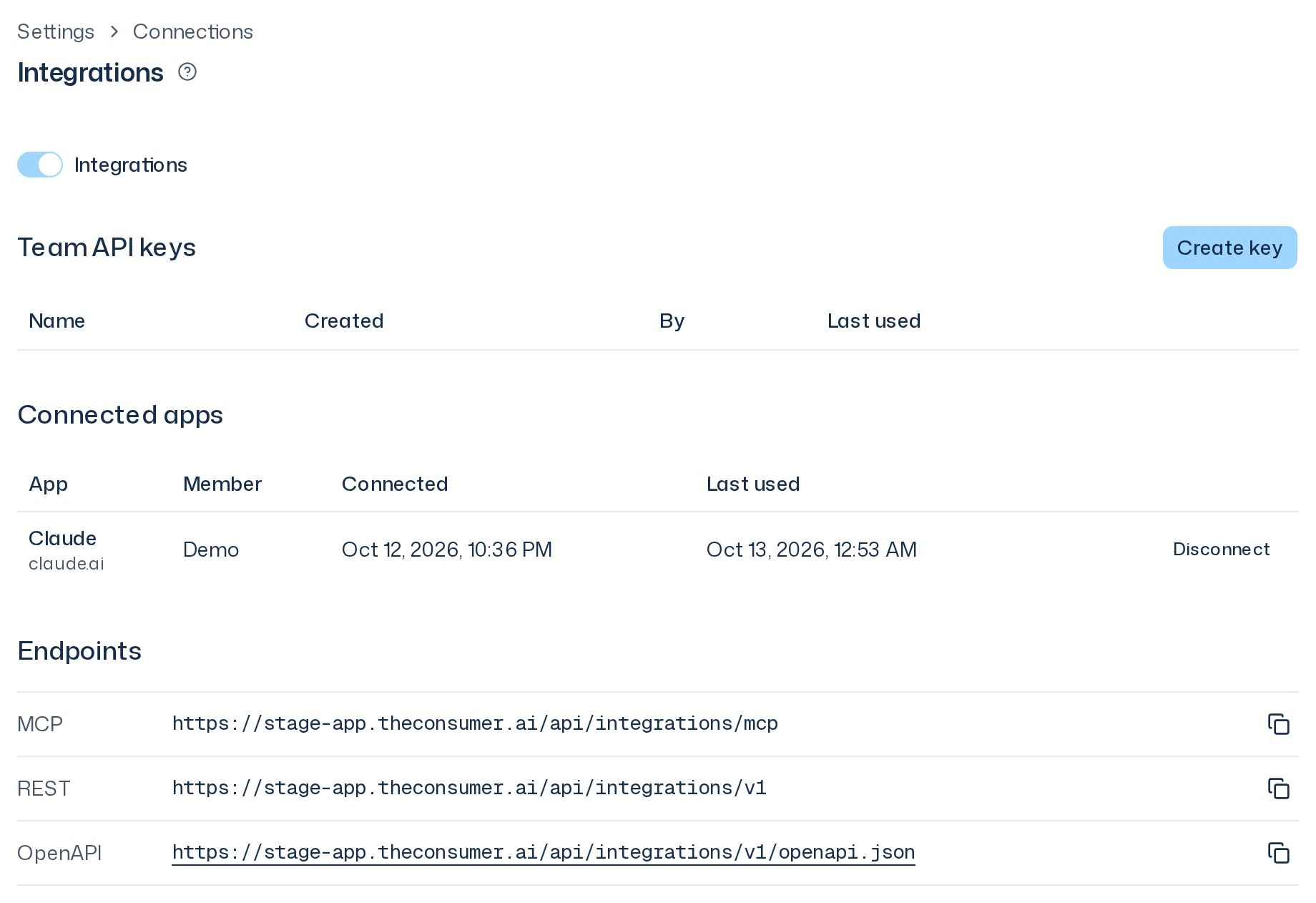Integrations page with the switch on, the Team API keys table with a key named Claude Desktop and the MCP, REST and OpenAPI endpoints