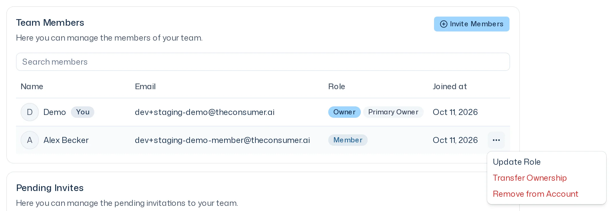 Open row menu for a member with Update Role, Transfer Ownership and Remove from Account