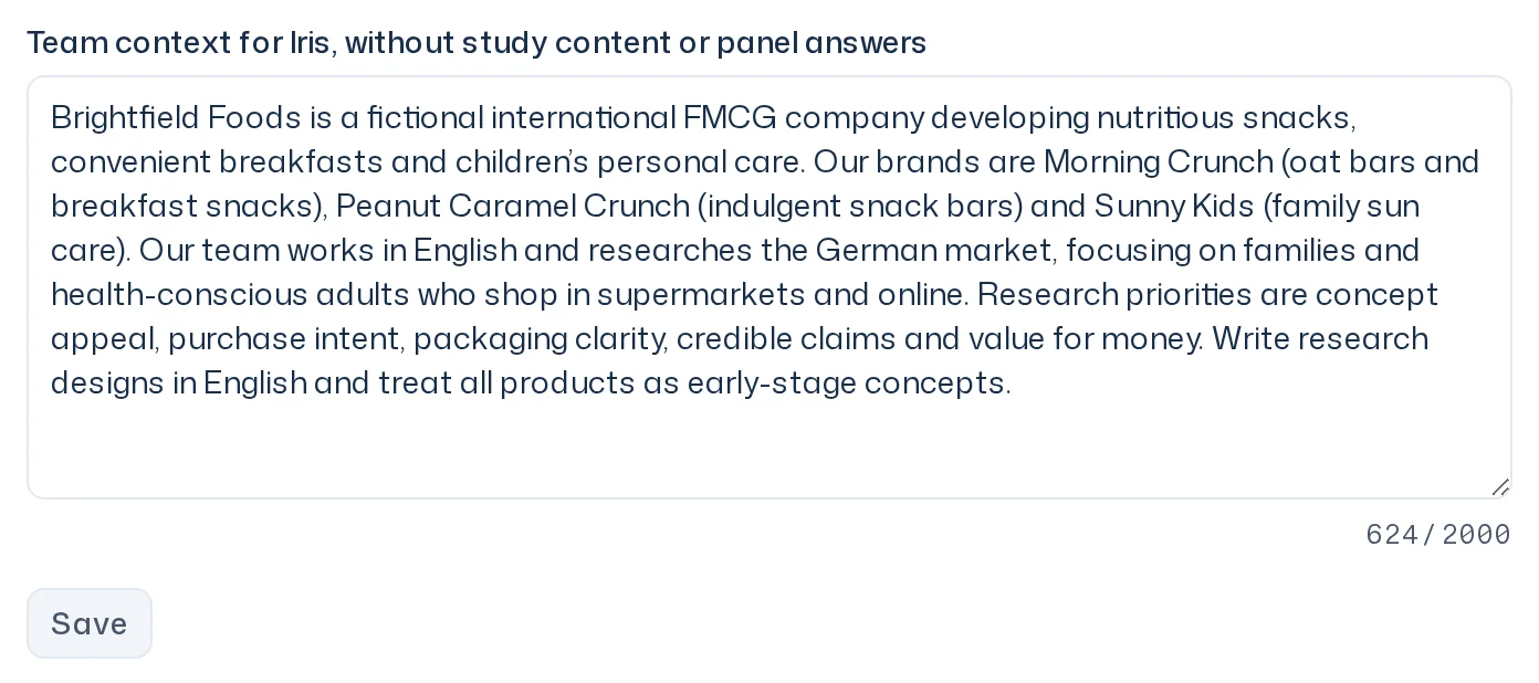 Team context page with a filled-in text field about a food company, the character counter and the Save button