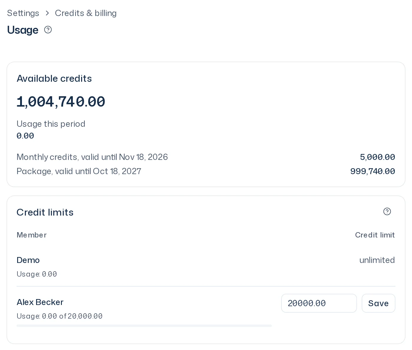 Usage page as an owner sees it: Available credits card with Usage this period, and below it the Credit limits card with one row per person
